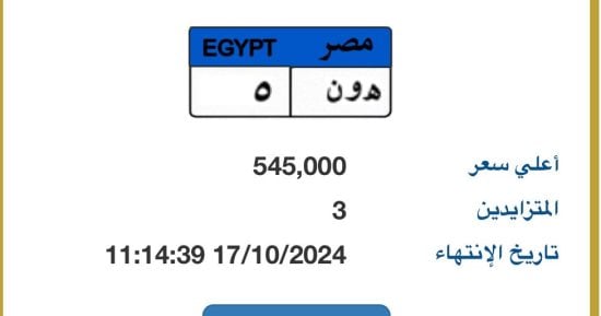 “هـ و ن- 5” لوحة مميزة جديدة يزايد عليها 3 أشخاص بسعر يتخطى نصف مليون جنيه 
                                         – التقرير